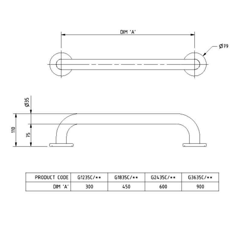 NYMAS Steel Grab Rail G2435C/DG Straight Dark Grey
