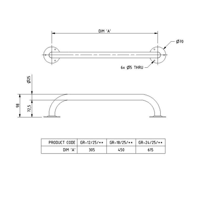 Nymas NymaPRO Round Flange Robust Steel Grab Rail 25mm Diameter 610mm Length - White