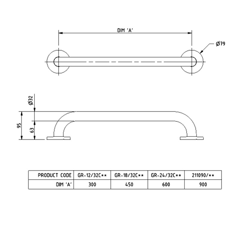Nymas NymaPRO Stainless Steel Grab Rail 32mm Diameter 450mm Length - Polished