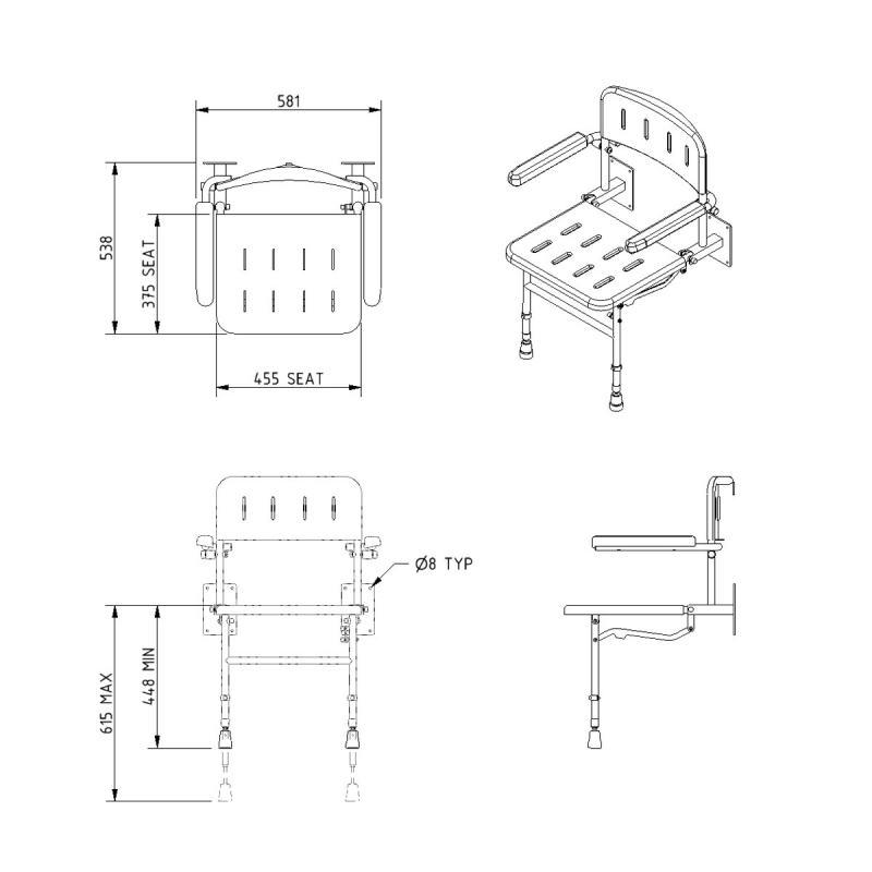 Nymas NymaPRO Wall Mounted Padded Shower Seat with Back Legs and Arms - Grey