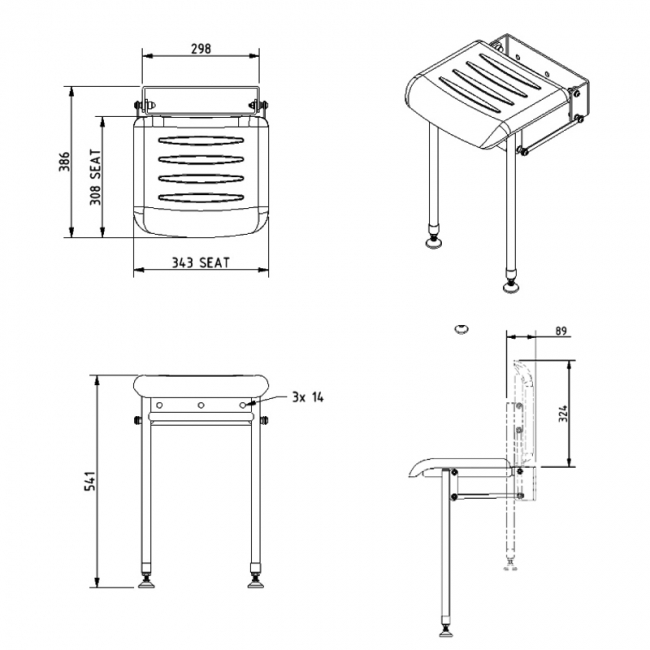 Nymas NymaSTYLE Compact Hinged Padded Shower Seat with Legs - White