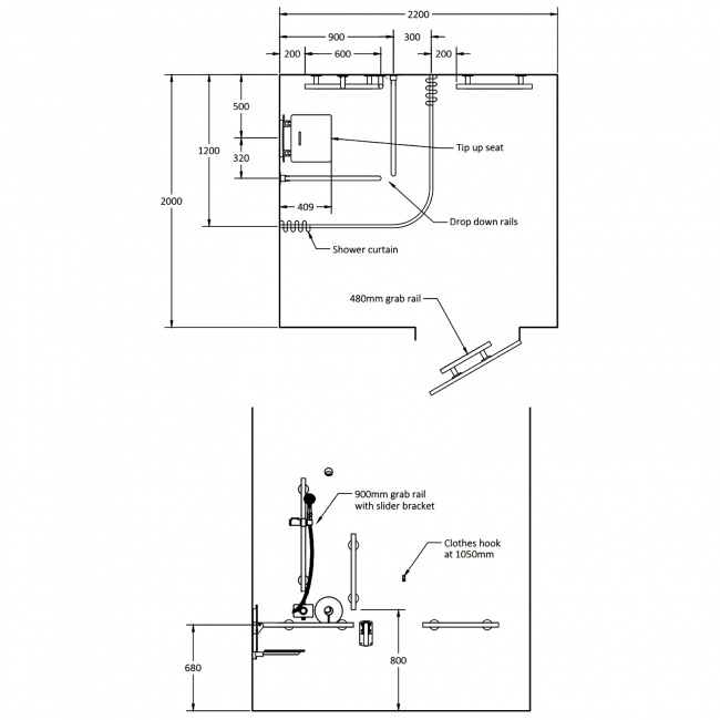 Nymas NymaSTYLE Doc M Shower Pack with Concealed Valves and Slimline Seat - Matt Black Grab Rails