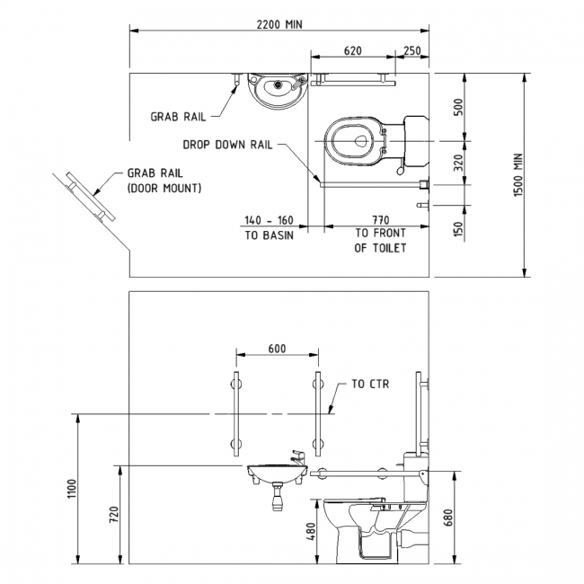 Nymas NymaSTYLE Rimless Close Coupled Doc M Toilet Pack with TMV3 Valve - Satin Grab Rails