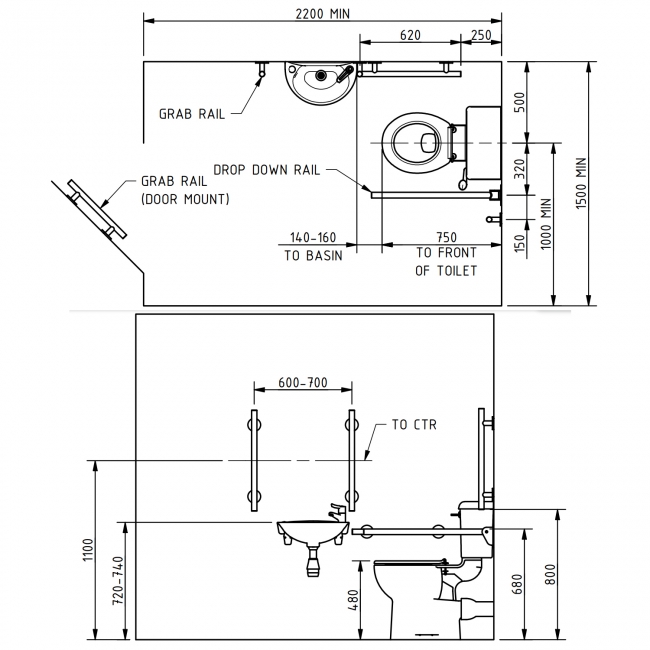 Nymas NymaSTYLE Close Coupled Doc M Toilet Pack with Seat, Lid and TMV3 Valve - Polished Grab Rails