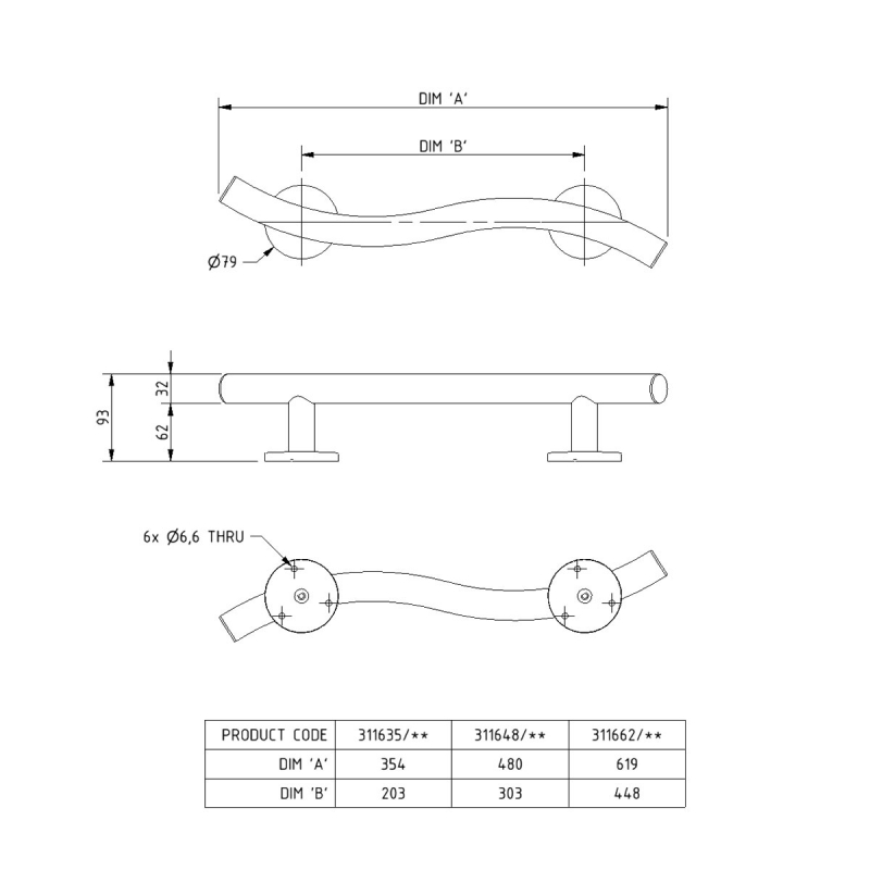 Nymas NymaSTYLE Luxury Curved Stainless Steel Grab Rail 480mm Wide - Matt Black