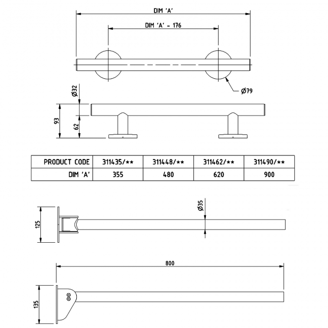 NYMAS Stainless Steel Grab Rail 320005/SP Polished