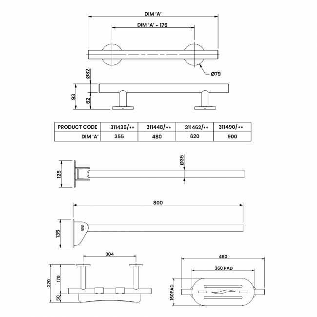 NYMAS Stainless Steel Grab Rail 320006/SS Satin