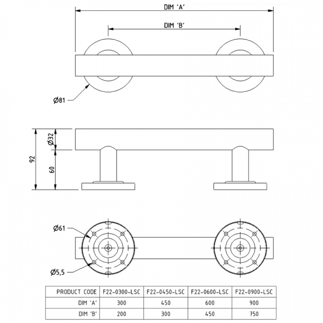 Nymas NymaSTYLE Straight Grab Rail with Concealed Fixings 450mm Length - Polished