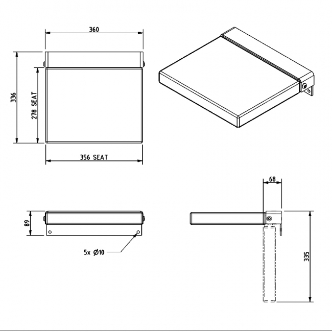 Nymas NymaSTYLE Contemporary Compact Square Padded Shower Seat - Black