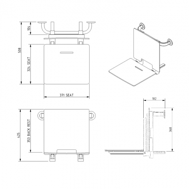 Nymas NymaSTYLE Contemporary Removable Slimline Shower Seat with Back Rest - Black