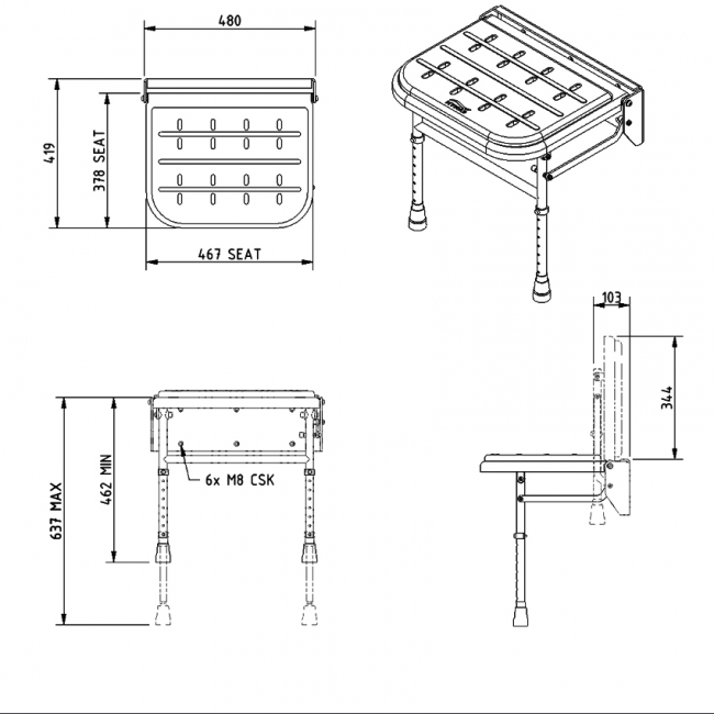 Nymas NymaSTYLE Premium Wall Mounted Padded Shower Seat with Legs - Black