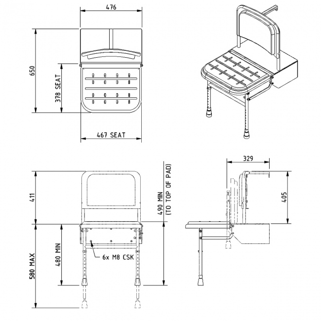 Nymas NymaSTYLE Doc M Padded Shower Seat with White Frame - Grey