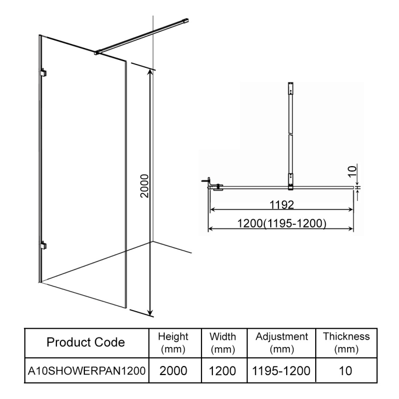 Orbit A10 Wet Room Panel A10SHOWERPAN1200 1200mm 10mm Clear