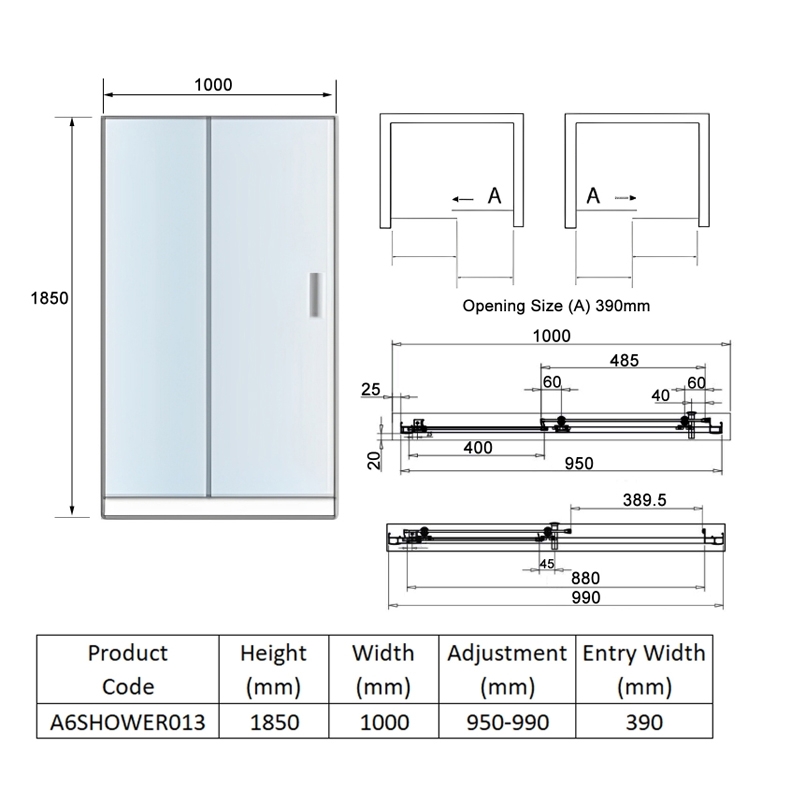Orbit A6 Sliding Shower Door 1000mm Wide - 6mm Glass