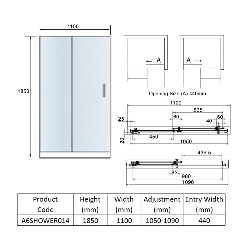 Orbit A6 Sliding Shower Door 1100mm Wide - 6mm Glass