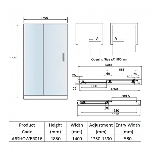 Orbit A6 Sliding Shower Door 1400mm Wide - 6mm Glass