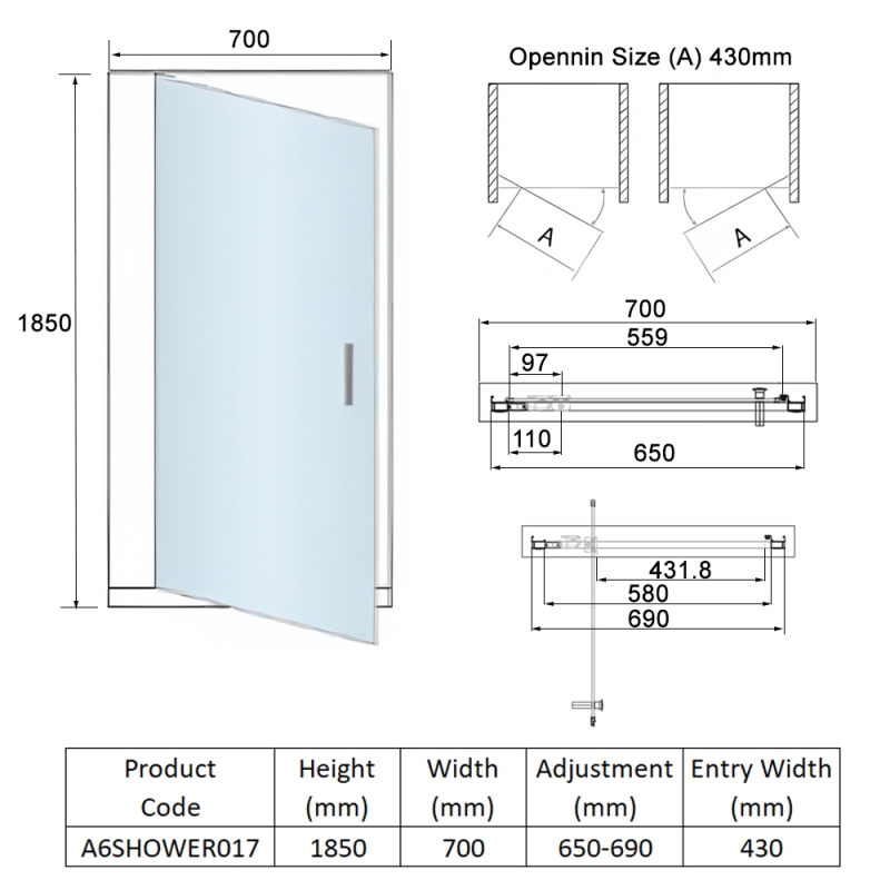 Orbit A6 Pivot Shower Door 700mm Wide - 6mm Glass  | Dimension Image
