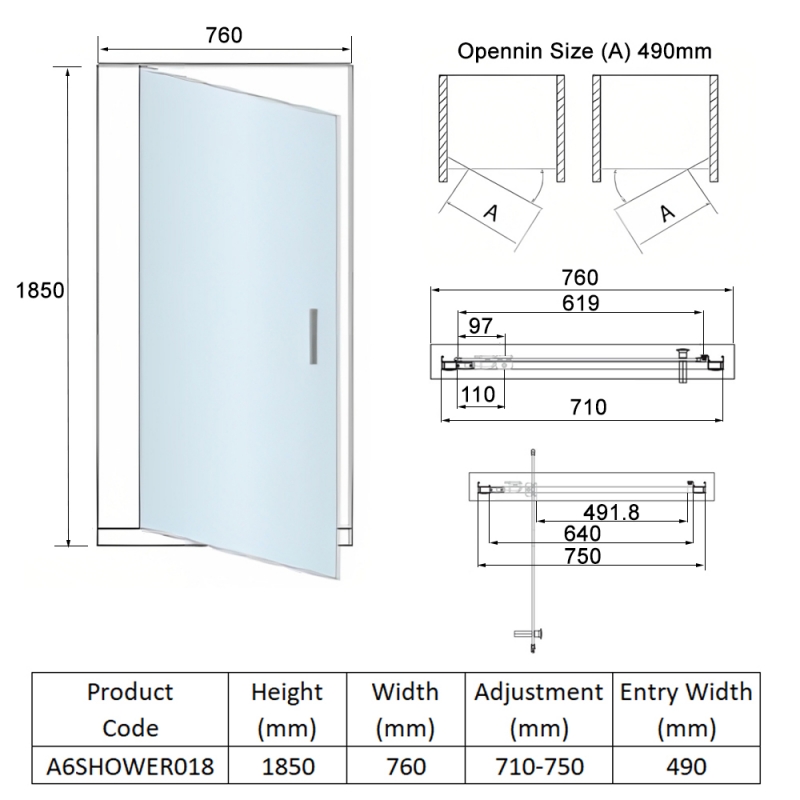 Orbit A6 Pivot Shower Door 760mm Wide - 6mm Glass  | Dimension Image
