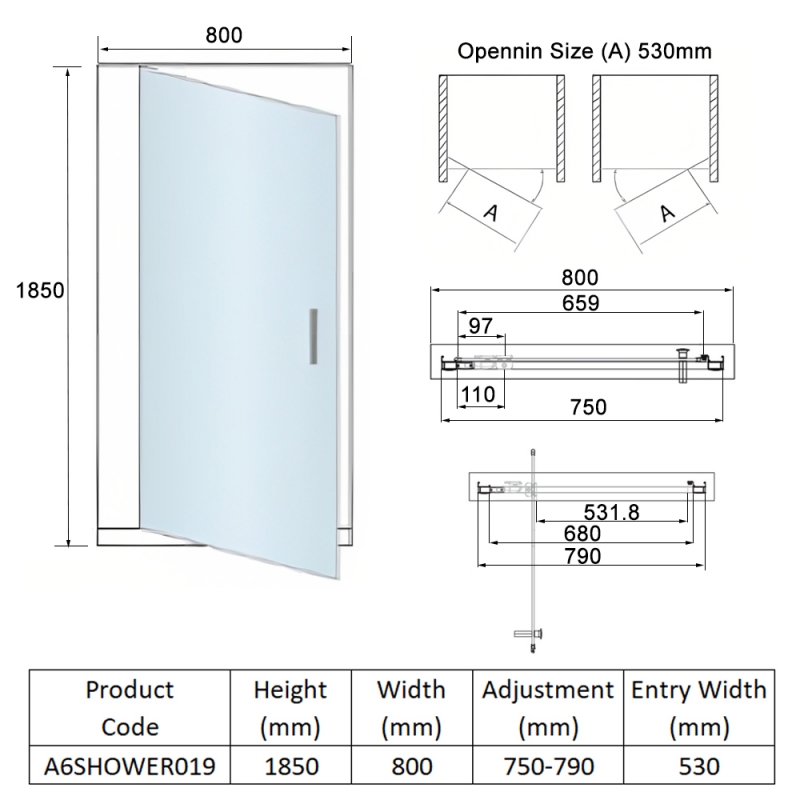 Orbit A6 Pivot Shower Door 800mm Wide - 6mm Glass