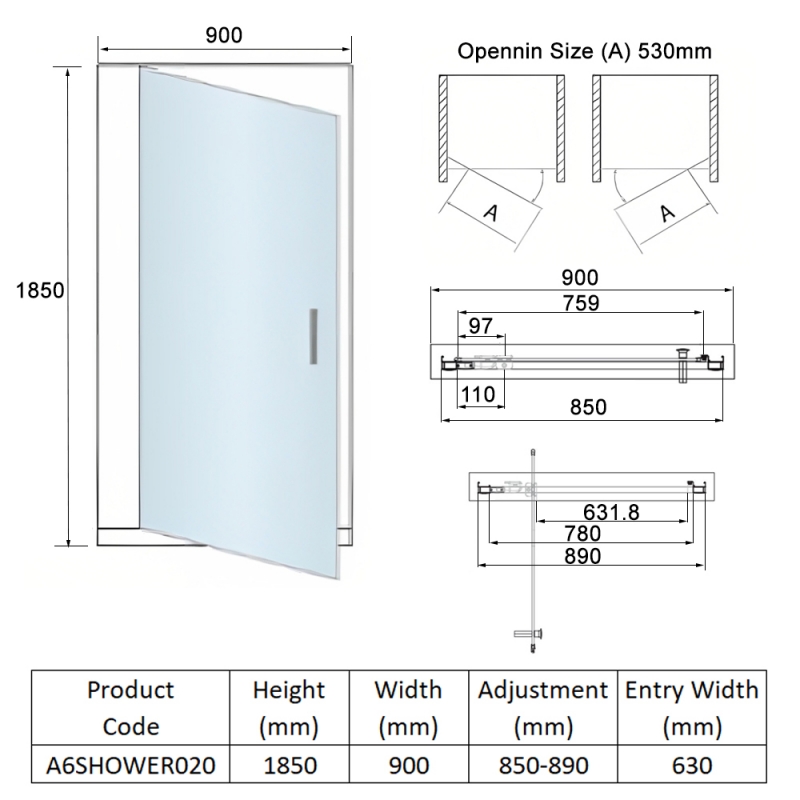 Orbit A6 Pivot Shower Door 900mm Wide - 6mm Glass