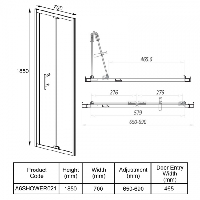 Orbit A6 Semi-Frameless Bi-Fold Shower Door 700mm Wide - 6mm Glass