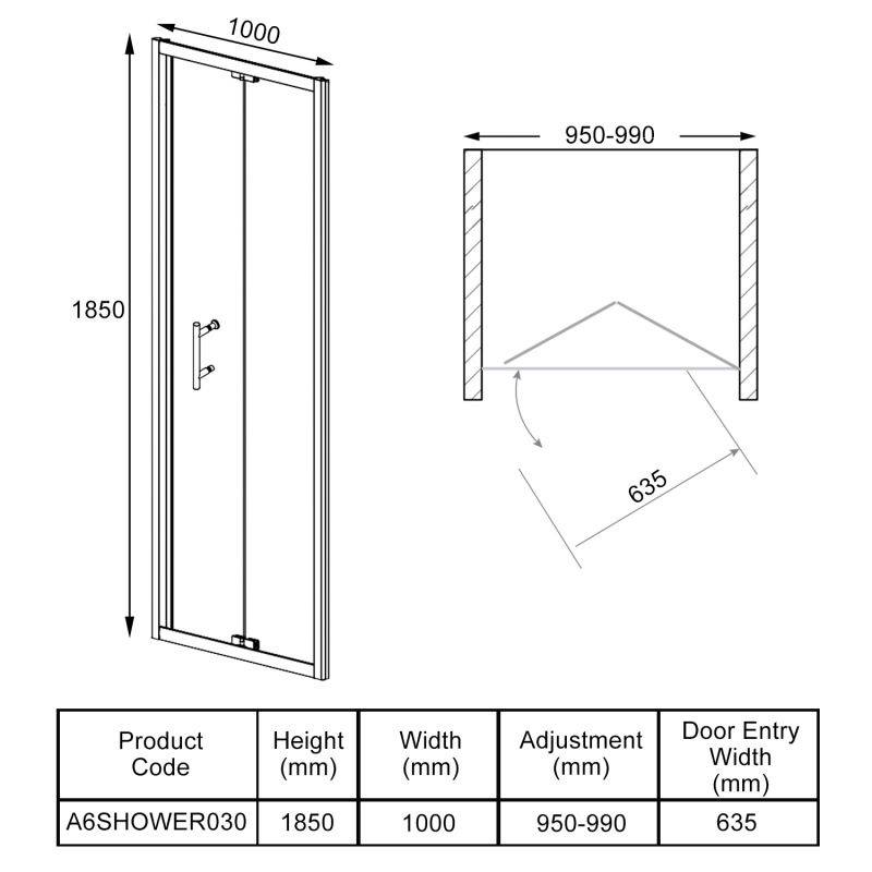 Orbit A6 Semi-Frameless Bi-Fold Shower Door 1000mm Wide - 6mm Glass