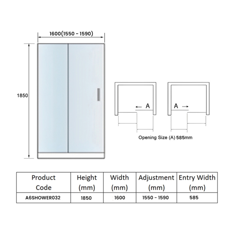 Orbit A6 Sliding Shower Door 1600mm Wide - 6mm Glass