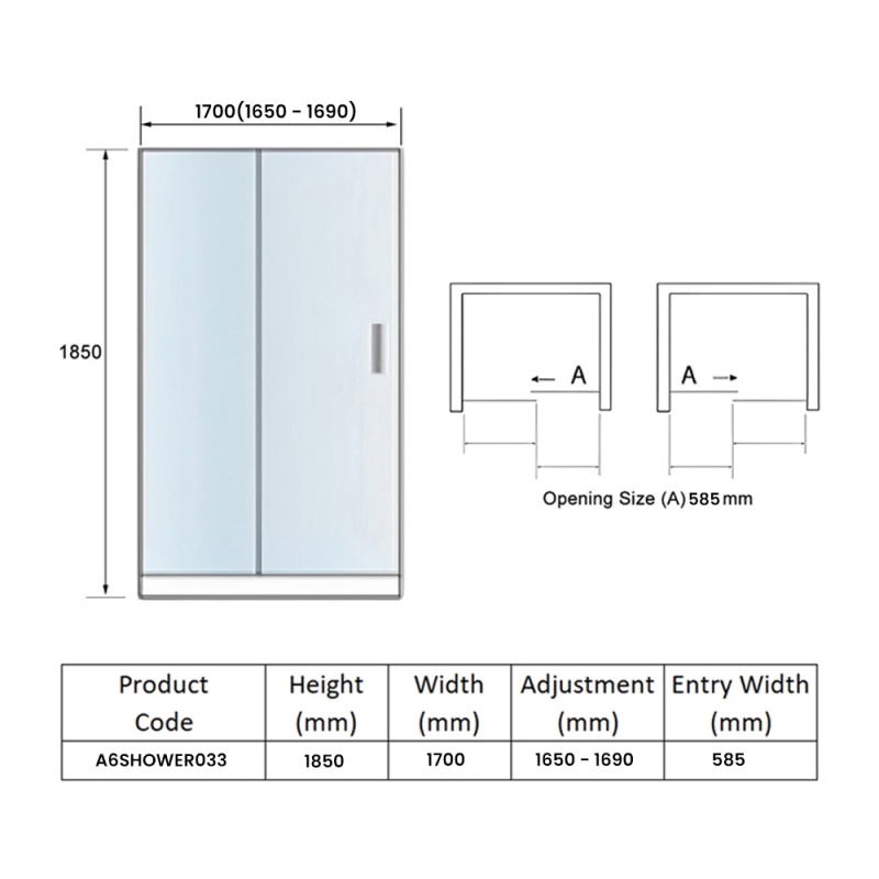 Orbit A6 Sliding Shower Door 1700mm Wide - 6mm Glass