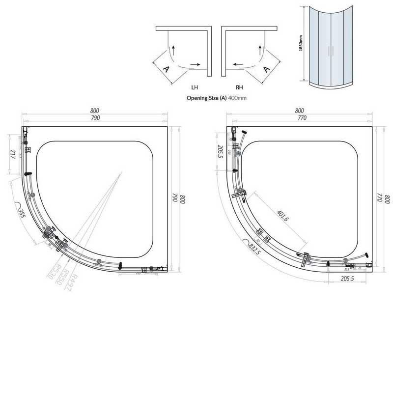 Orbit A6 2-Door Quadrant Shower Enclosure 800mm x 800mm - 6mm Glass