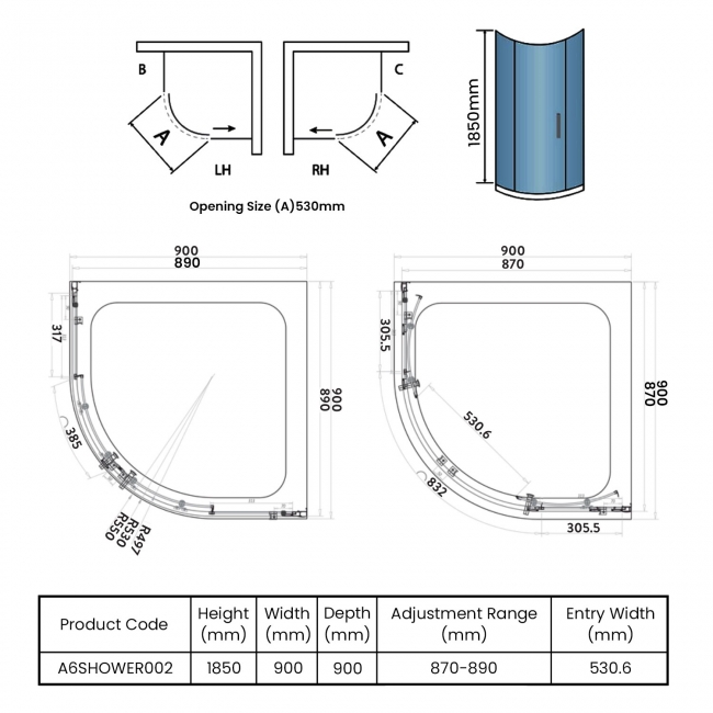 Orbit A6 2-Door Quadrant Shower Enclosure 900mm x 900mm - 6mm Glass