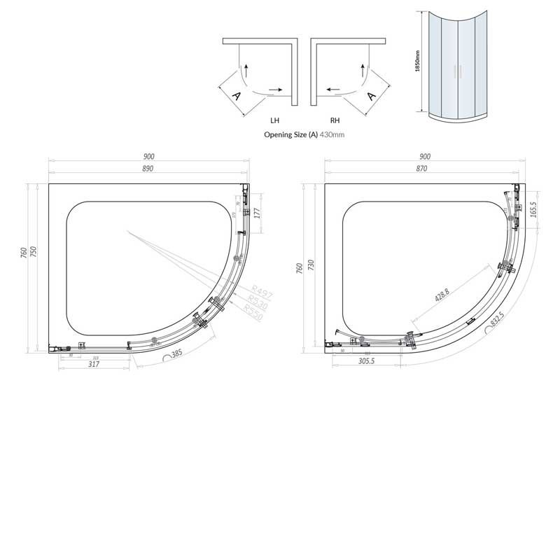 Orbit A6 Double Door Offset Quadrant Shower Enclosure 900mm x 760mm - 6mm Glass