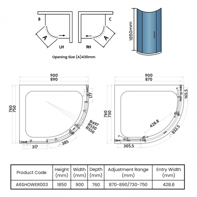 Orbit A6 2-Door Offset Quadrant Shower Enclosure 900mm x 760mm - 6mm Glass  | Dimension Image
