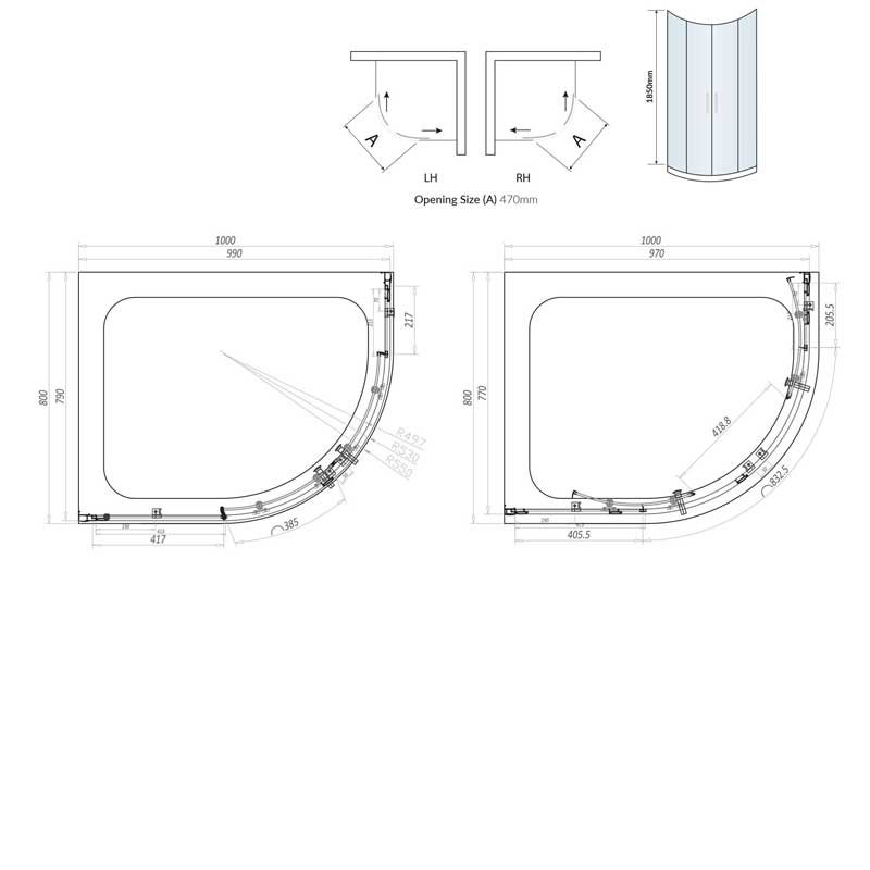 Orbit A6 Double Door Offset Quadrant Shower Enclosure 1000mm x 800mm - 6mm Glass