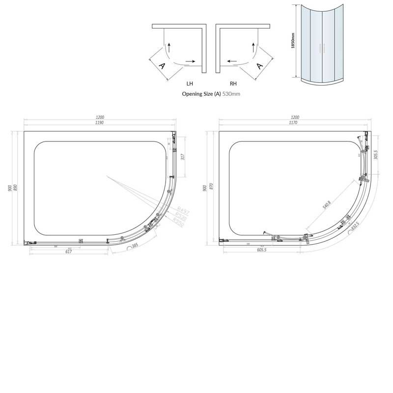 Orbit A6 2-Door Offset Quadrant Shower Enclosure 1200mm x 900mm - 6mm Glass