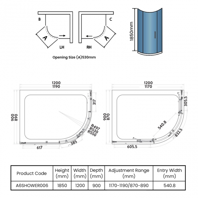 Orbit A6 2-Door Offset Quadrant Shower Enclosure 1200mm x 900mm - 6mm Glass