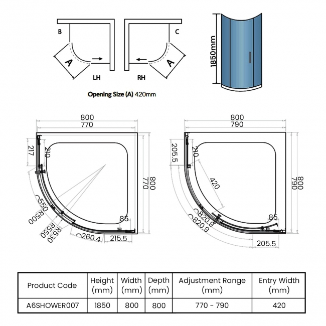 Orbit A6 1-Door Quadrant Shower Enclosure 800mm x 800mm - 6mm Glass
