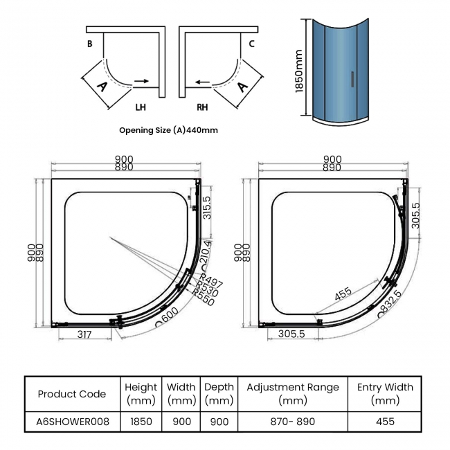 Orbit A6 1-Door Quadrant Shower Enclosure 900mm x 900mm - 6mm Glass