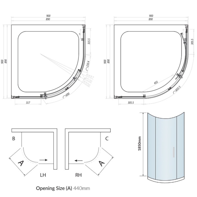 Orbit A6 1-Door Quadrant Shower Enclosure 900mm x 900mm - 6mm Glass