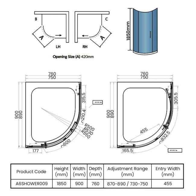 Orbit A6 1-Door Offset Quadrant Shower Enclosure 900mm x 760mm - 6mm Glass