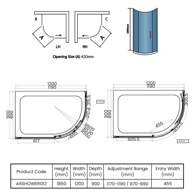 Orbit A6 1-Door Offset Quadrant Shower Enclosure 1200mm x 900mm - 6mm Glass