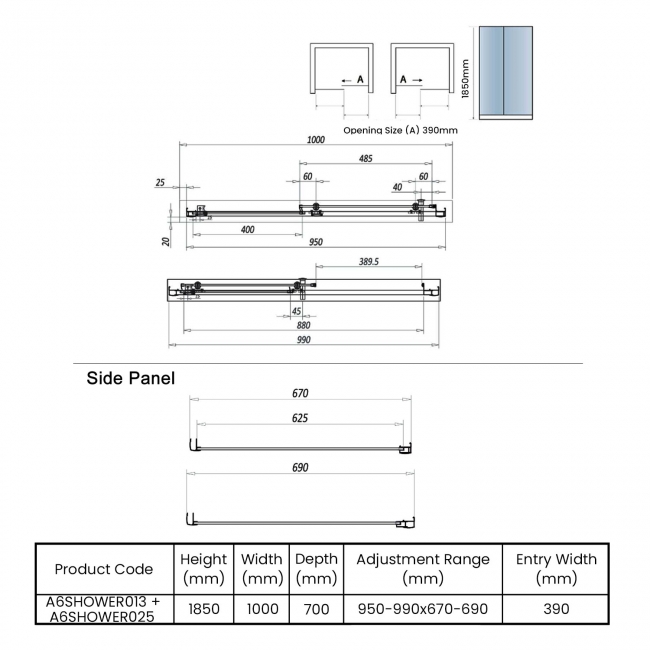 Orbit A6 Sliding Door Rectangular Shower Enclosure 1000mm x 700mm - 6mm Glass  | Dimension Image