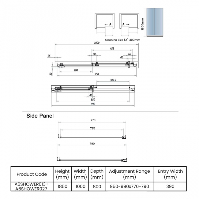 Orbit A6 Sliding Door Rectangular Shower Enclosure 1000mm x 800mm - 6mm Glass  | Dimension Image