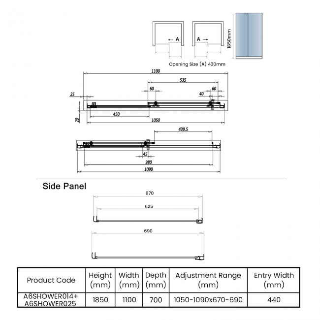 Orbit A6 Sliding Door Rectangular Shower Enclosure 1100mm x 700mm - 6mm Glass  | Dimension Image