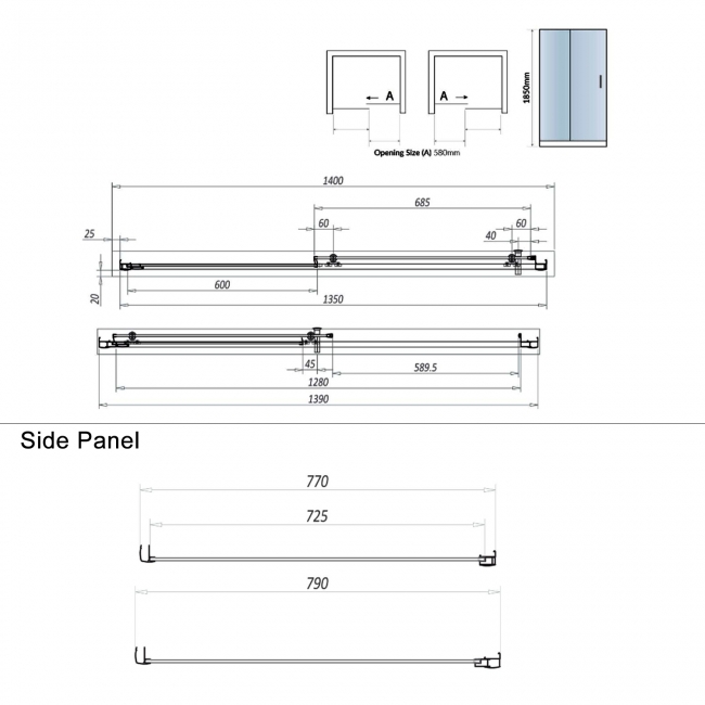 Orbit A6 Sliding Door Rectangular Shower Enclosure 1400mm x 800mm - 6mm Glass  | Dimension Image