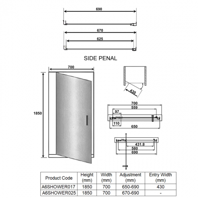 Orbit A6 Pivot Door Square Shower Enclosure 700mm x 700mm - 6mm Glass  | Dimension Image