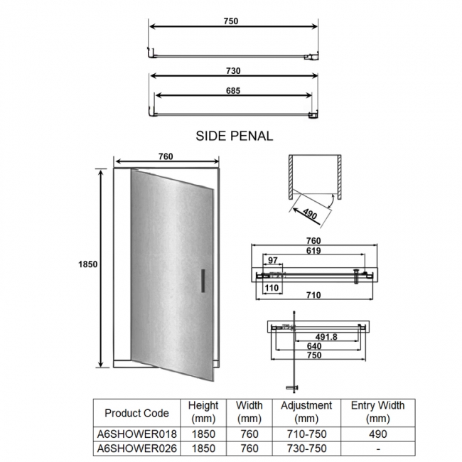 Orbit A6 Pivot Door Square Shower Enclosure 760mm x 760mm - 6mm Glass  | Dimension Image