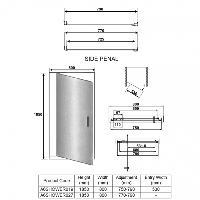 Orbit A6 Pivot Door Square Shower Enclosure 800mm x 800mm - 6mm Glass  | Dimension Image