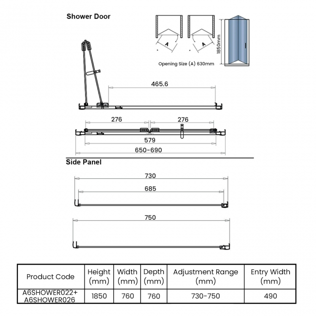 Orbit A6 Bi-Fold Door Square Shower Enclosure 760mm x 760mm - 6mm Glass  | Dimension Image
