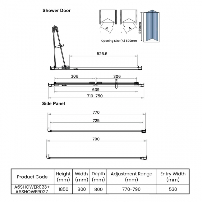 Orbit A6 Bi-Fold Door Square Shower Enclosure 800mm x 800mm - 6mm Glass  | Dimension Image