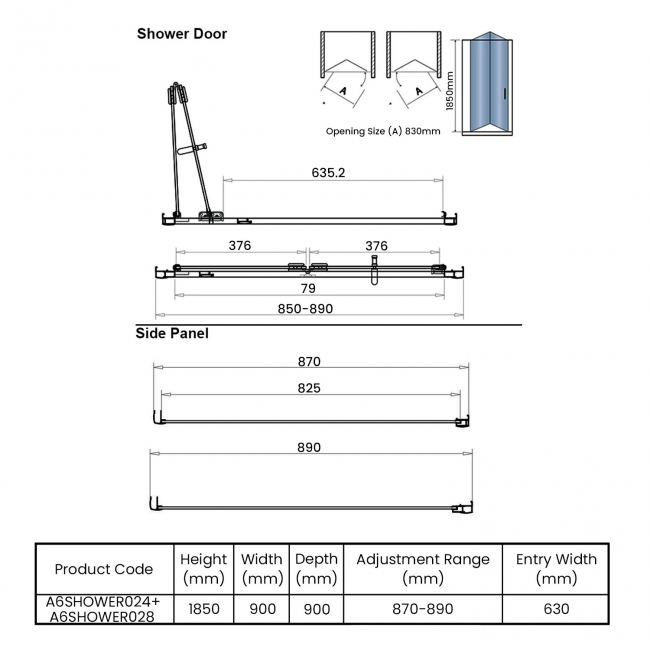 Orbit A6 Bi-Fold Door Square Shower Enclosure 900mm x 900mm - 6mm Glass  | Dimension Image